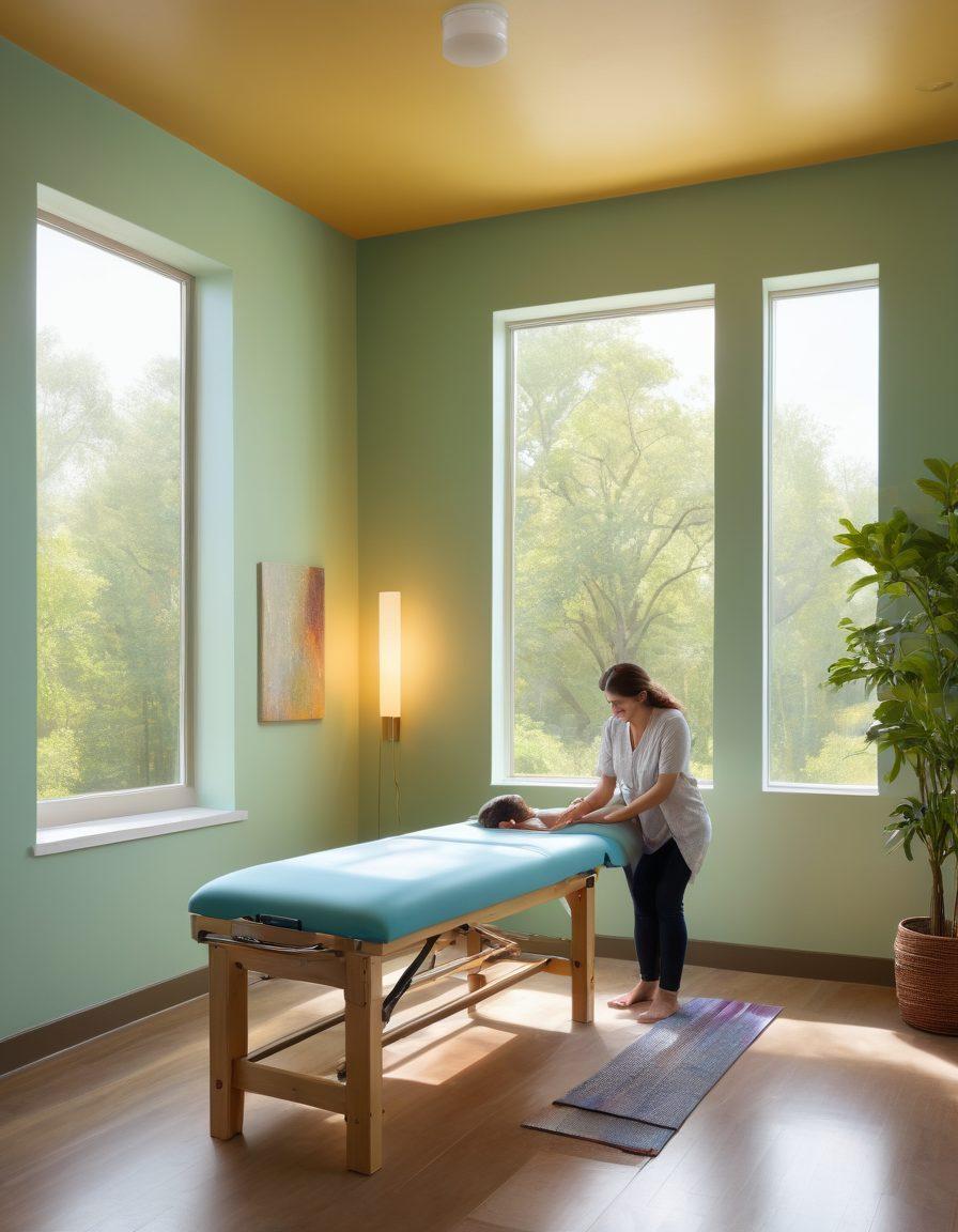 A serene therapy room featuring a therapist gently assisting a patient using the Bobath Method, with soft natural light streaming through a window. The space is adorned with innovative neurodevelopmental tools and calming colors to reflect a sense of hope and healing. Show a sense of connection and collaboration between the patient and therapist. super-realistic. vibrant colors. peaceful atmosphere.