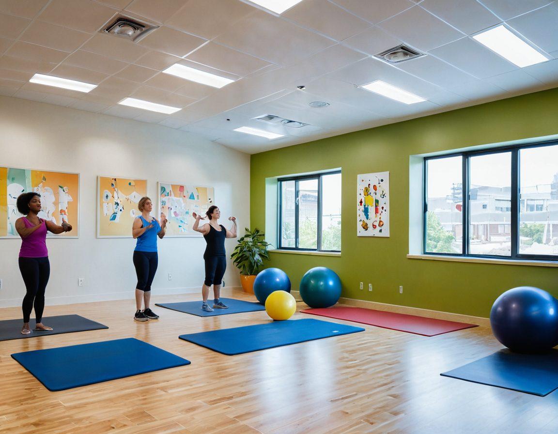 A dynamic therapy session featuring a diverse group of therapists guiding patients through functional movements, showcasing Bobath techniques. The environment is bright and clinical, filled with exercise equipment and therapy mats. Add visible diagrams illustrating movement patterns on the walls. Emphasize inclusivity with various age groups and abilities engaged together. Capture the essence of empowerment and teamwork. super-realistic. vibrant colors. clinical setting.